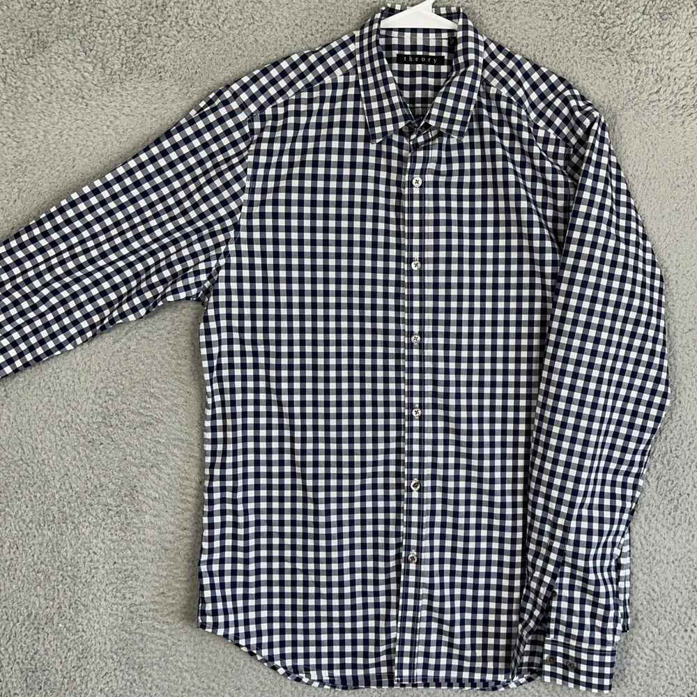Theory Shirt Mens Large Navy White Button Up Gingham Check Casual Long Sleeve